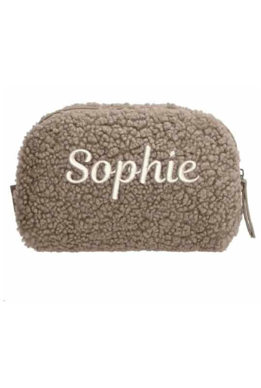 Teddy Toilettas/etui taupe met geborduurde naam