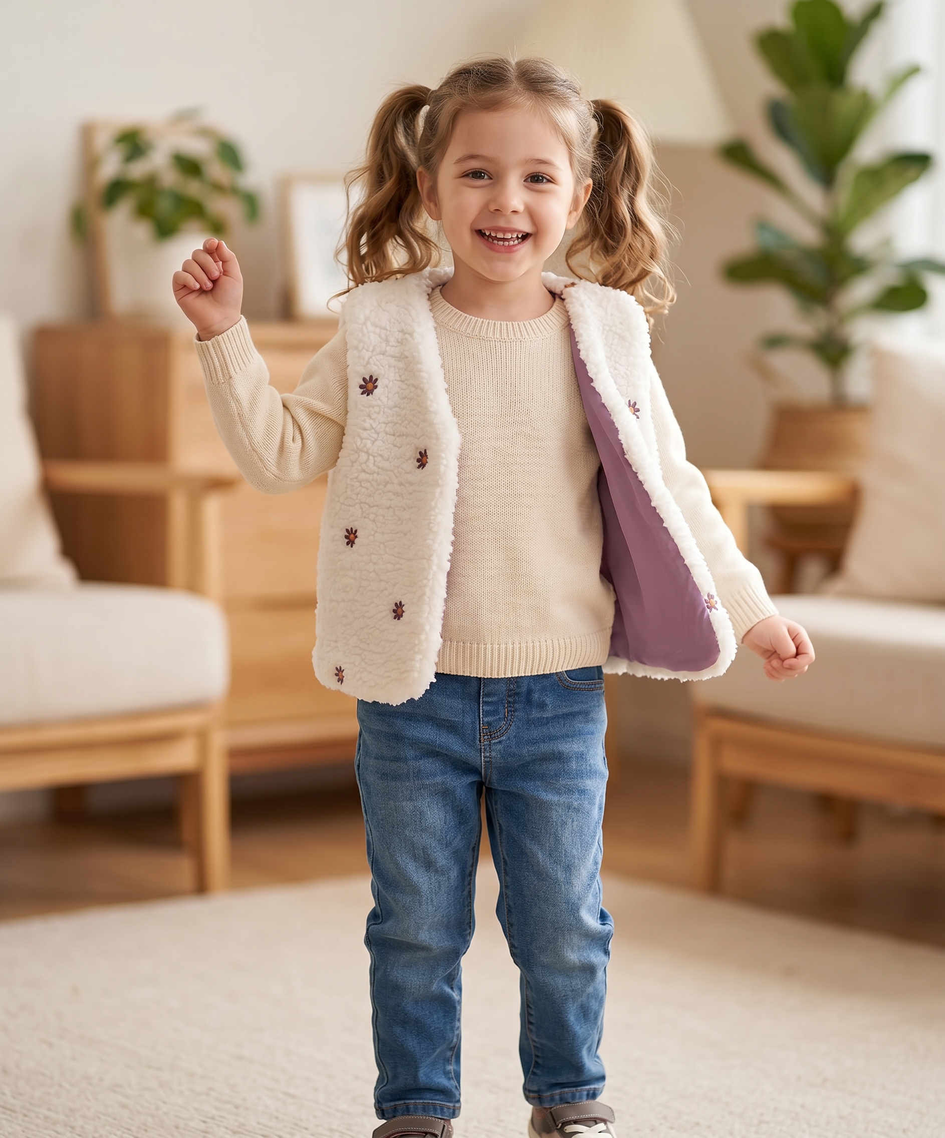 Teddy gilet geborduurde bloemetjes