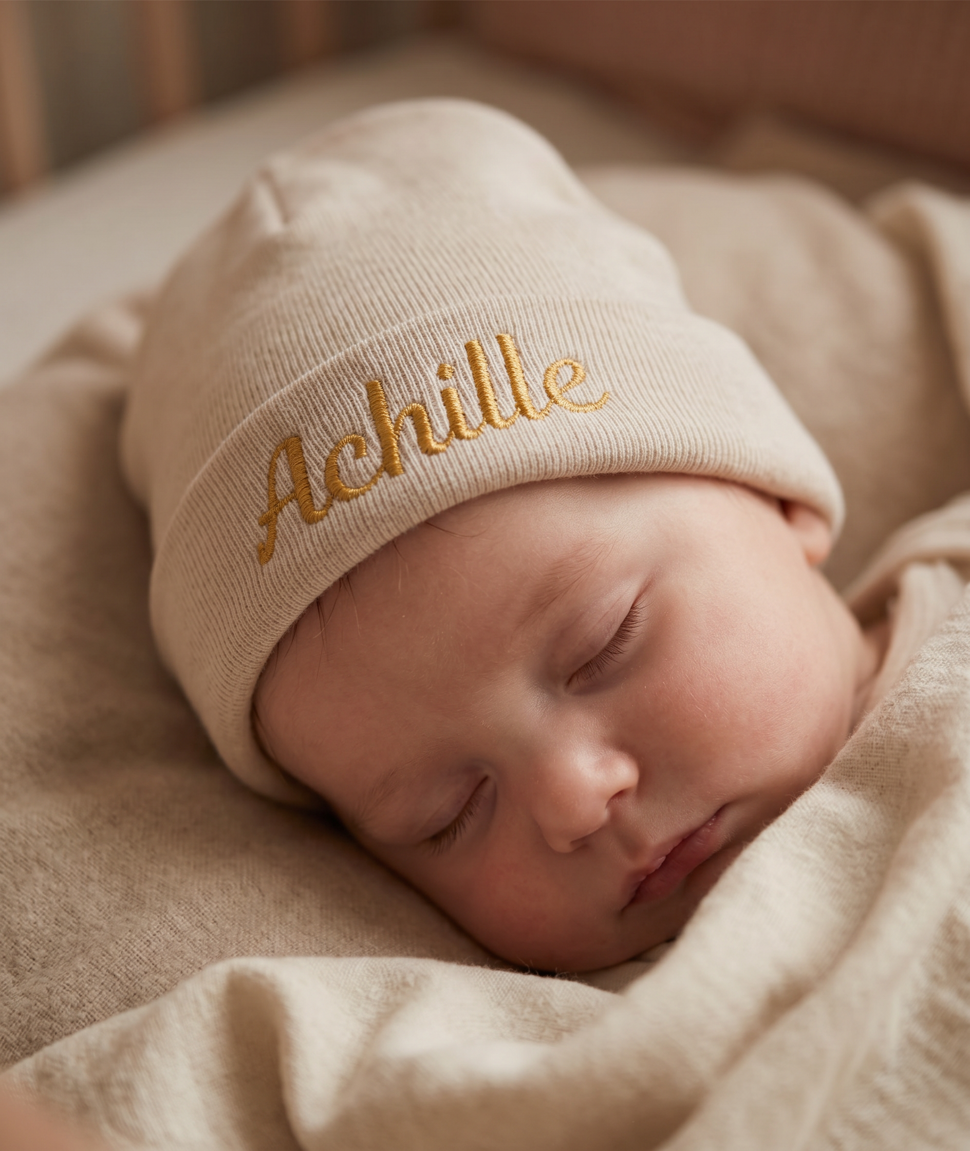 New born Mutsje cream met geborduurde naam