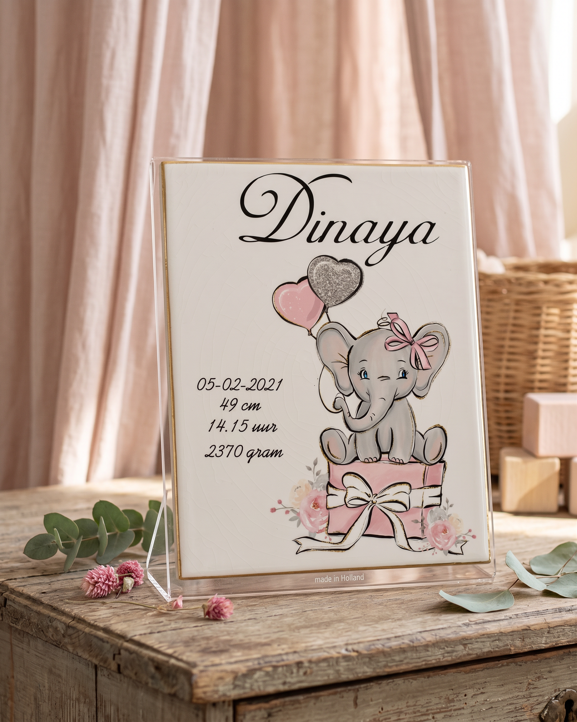 Geboorte tegel olifant rose