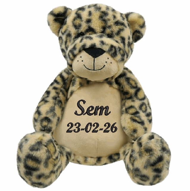 Luipaard 40cm met geborduurde naam en datum