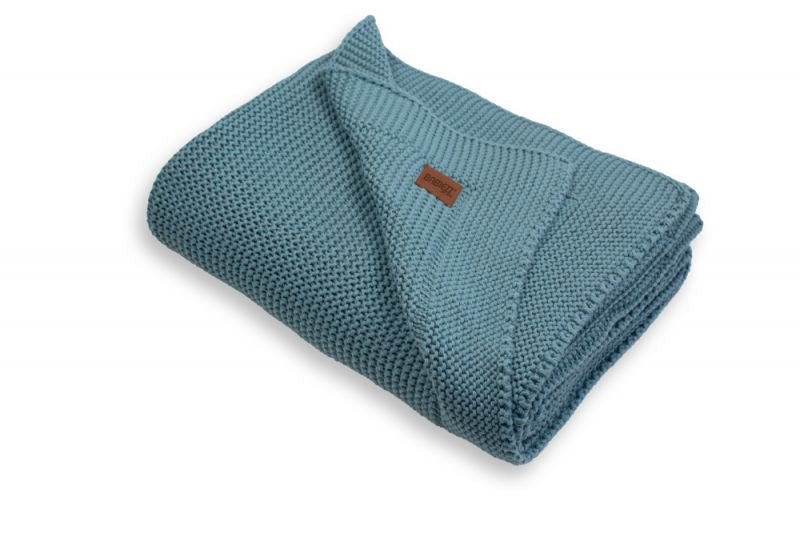 Gebreide babydeken 100% Biologisch Katoen Smoke blue met geborduurde naam